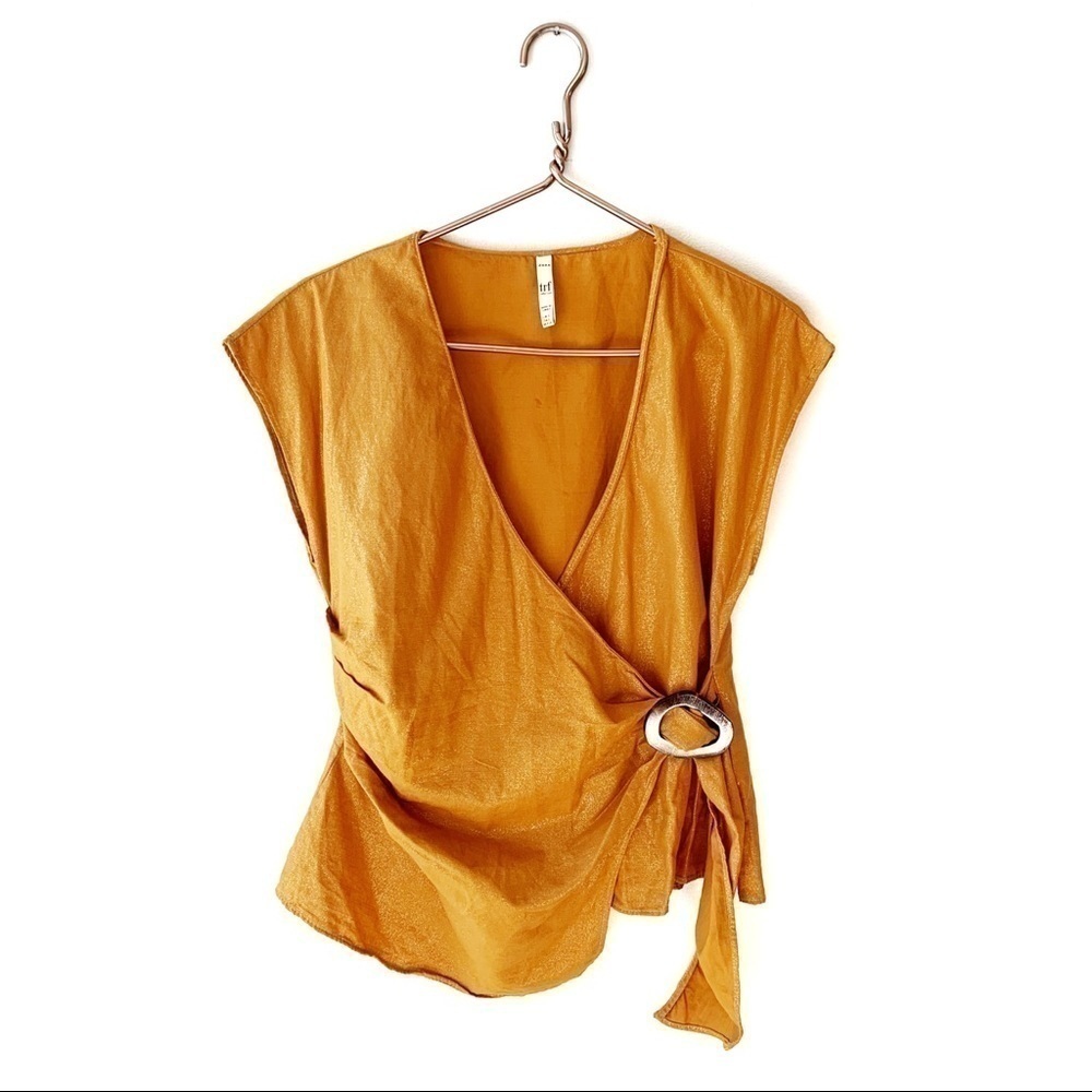 Zara | Mustard Shimmer Faux Wrap Blouse Small